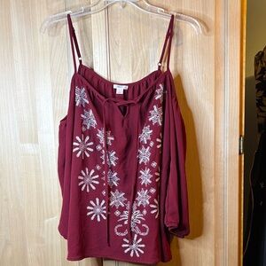 Xhilaration Burgundy Blouse with White Embroidery